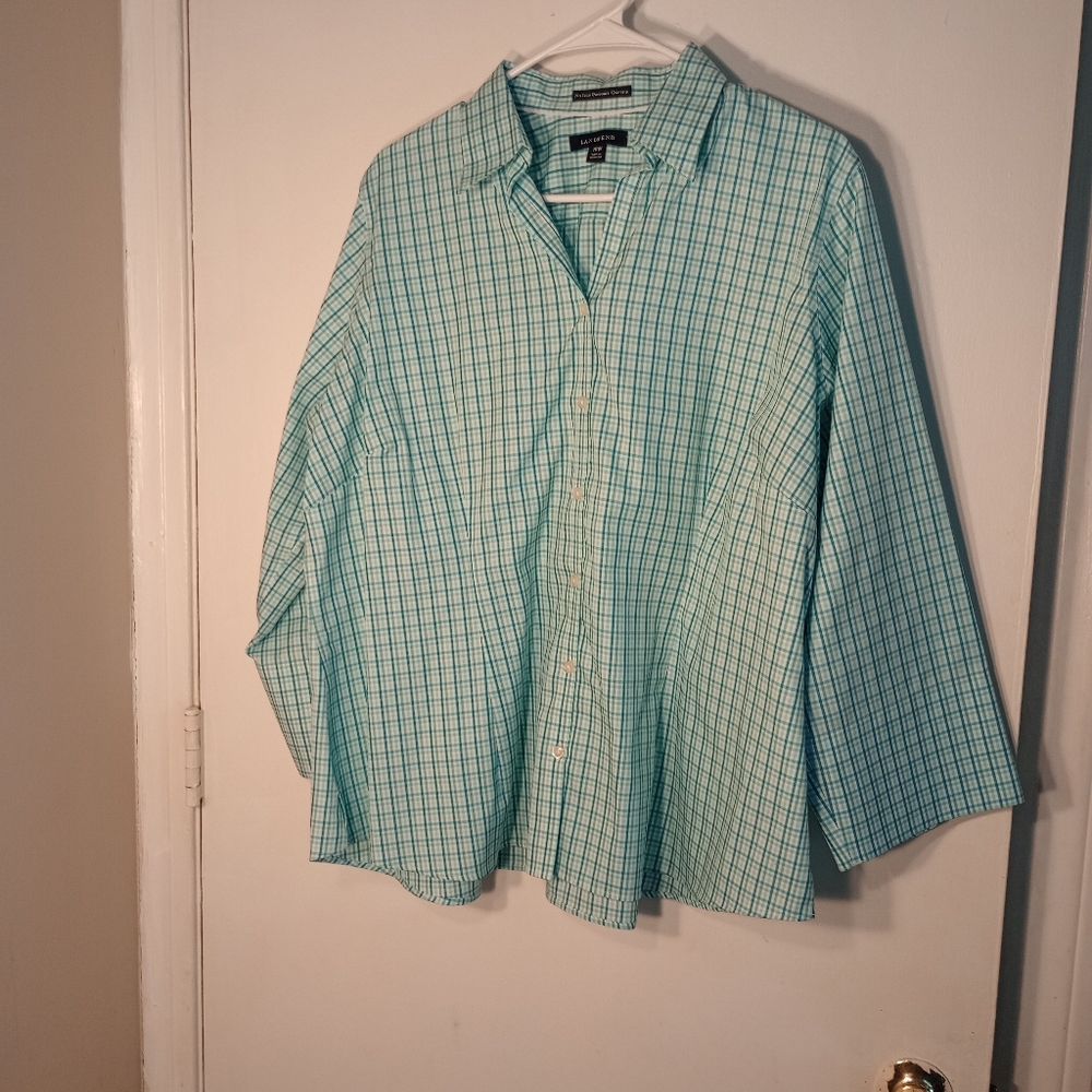 Lands End Women's Blue Plaid  18W 3/4 Sleeve No Iron Pinpoint Oxford NWOT